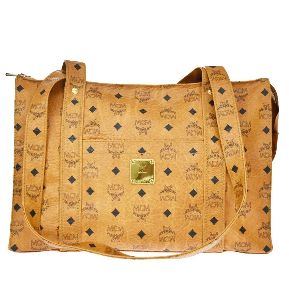 Authentic MCM Logo Shoulder Tote Bag Leather Brown Gold Plated Made In Germany